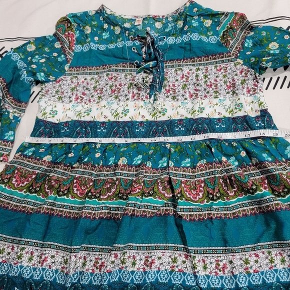 Mokingtop Women's Bohemian Floral  V-neck tied up 3/4 Bell Sleeve Dress M - Picture 7 of 11